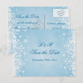 Witte sneeuwvlokken op blauw Save the date Briefka Aankondigingskaart (Voorkant / Achterkant)