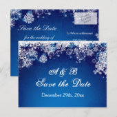 Witte sneeuwvlokken op blauw Save the date Briefka Aankondigingskaart (Voorkant / Achterkant)