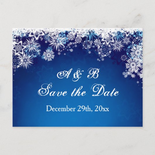 Witte sneeuwvlokken op blauw Save the date Briefka Aankondigingskaart (Voorkant)