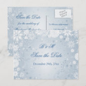 Witte sneeuwvlokken op blauw Save the date Briefka Aankondigingskaart (Voorkant / Achterkant)