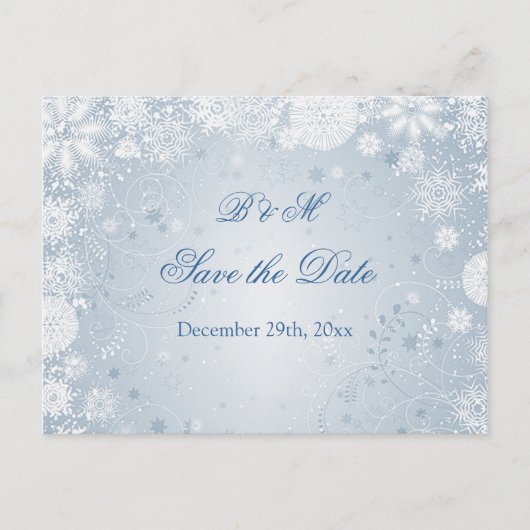 Witte sneeuwvlokken op blauw Save the date Briefka Aankondigingskaart (Voorkant)