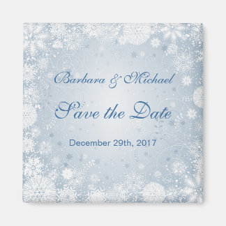 Witte sneeuwvlokken op blauw Save the Date Magnet