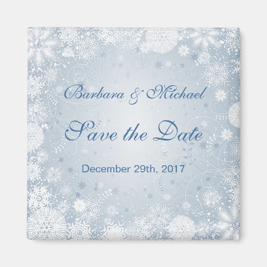 Witte sneeuwvlokken op blauw Save the Date Magnet (Voorkant)