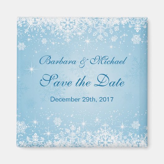Witte sneeuwvlokken op blauw Save the Date Magnet (Voorkant)
