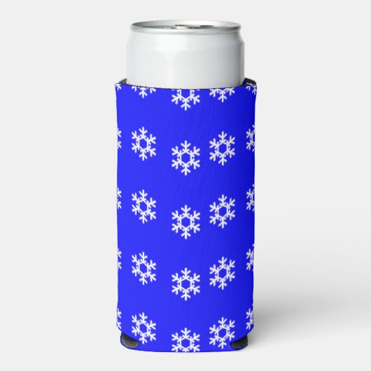 Witte sneeuwvlokken op blauw seltzer blikjeskoeler (Seltzer Voorkant)