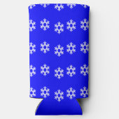 Witte sneeuwvlokken op blauw seltzer blikjeskoeler (Achterkant)