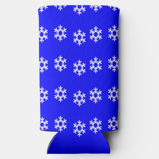 Witte sneeuwvlokken op blauw seltzer blikjeskoeler (Achterkant)