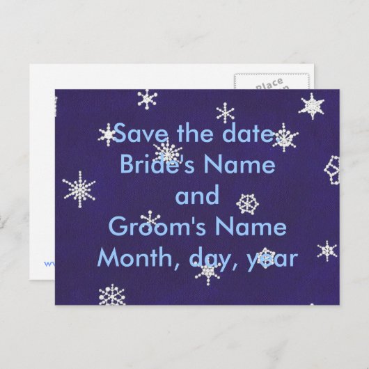 Witte sneeuwvlokken op blauw, sla de datum op, bri aankondigingskaart (Voorkant / Achterkant)
