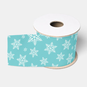 Witte sneeuwvlokken op Blauw Winterpatroon Grosgrain Lint