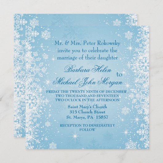 Witte sneeuwvlokken op blauwe bruiloft kaart (Voorkant / Achterkant)