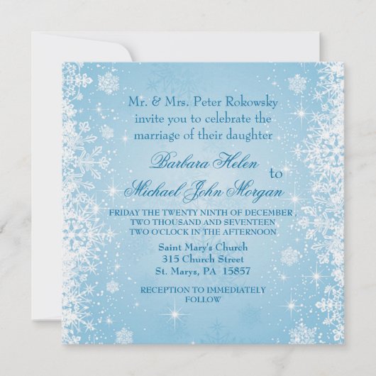Witte sneeuwvlokken op blauwe bruiloft kaart (Voorkant)