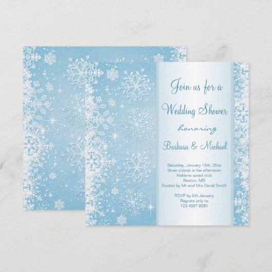 Witte sneeuwvlokken op blauwe bruiloft kaart (Voorkant / Achterkant)