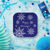 Witte sneeuwvlokken op blauwe Prettige feestdagen Papieren Bordje (Feest)