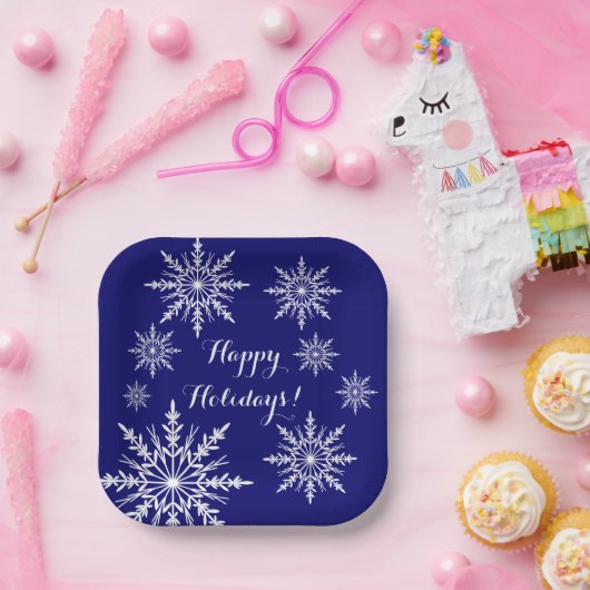 Witte sneeuwvlokken op blauwe Prettige feestdagen Papieren Bordje (Feest)