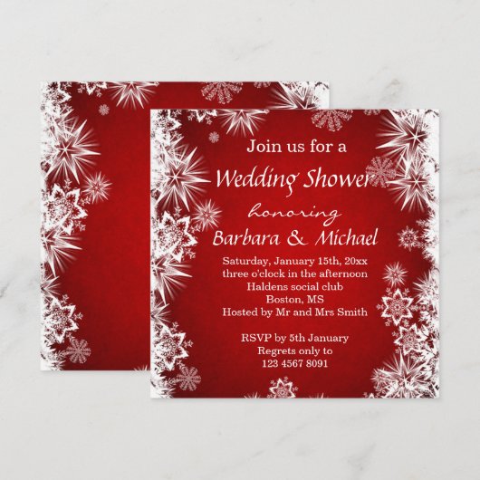 Witte sneeuwvlokken op de rode bruiloft kaart (Voorkant / Achterkant)