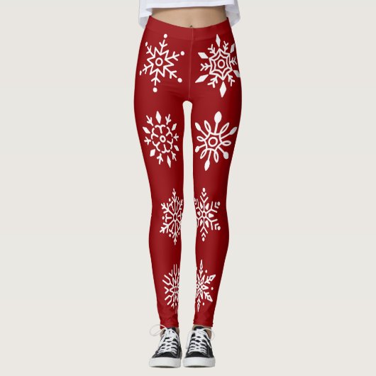 Witte sneeuwvlokken op de Rode Winterfeestdag Leggings (Voorkant)