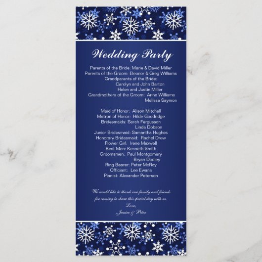 Witte sneeuwvlokken op donkerblauw Wedding program Programmakaart (Achterkant)