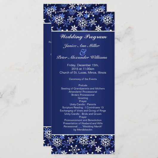 Witte sneeuwvlokken op donkerblauw Wedding program Programmakaart (Voorkant / Achterkant)
