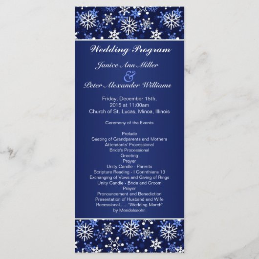 Witte sneeuwvlokken op donkerblauw Wedding program Programmakaart (Voorkant)