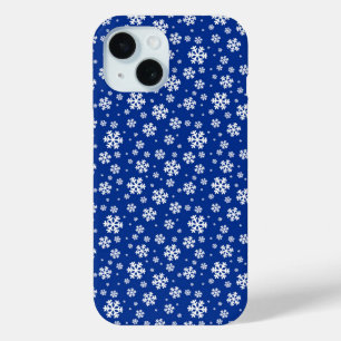 Witte sneeuwvlokken op donkerblauw winterpatroon iPhone 15 case