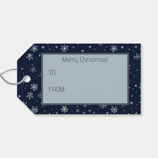 Witte sneeuwvlokken op een donkerblauwe achtergron cadeaulabel (Achterkant Horizontaal)