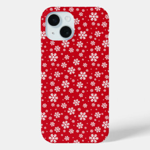 Witte sneeuwvlokken op een rood winterpatroon iPhone 15 case