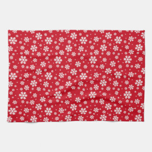 Witte sneeuwvlokken op een rood winterpatroon theedoek