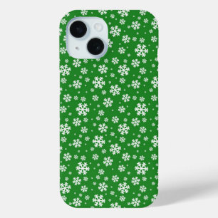 Witte sneeuwvlokken op groen winterpatroon iPhone 15 case