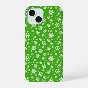 Witte sneeuwvlokken op groen winterpatroon iPhone 15 case