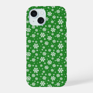 Witte sneeuwvlokken op groen winterpatroon iPhone 15 case