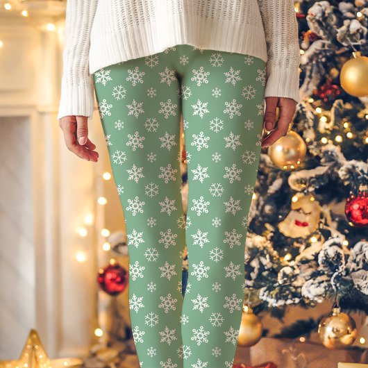 Witte sneeuwvlokken op groene Schattigee kerst Leggings