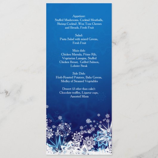 Witte sneeuwvlokken op het blauwe kerstbruiloft-me menu (Achterkant)