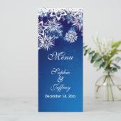 Witte sneeuwvlokken op het blauwe kerstbruiloft-me menu (Staand voorkant)