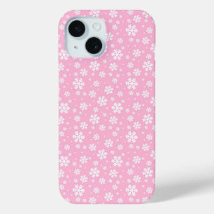Witte sneeuwvlokken op Licht Roze Winterpatroon iPhone 15 Case