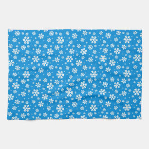 Witte sneeuwvlokken op Mid-blauw winterpatroon Theedoek
