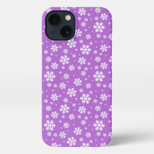 Witte sneeuwvlokken op paars winterpatroon iPhone 13 hoesje