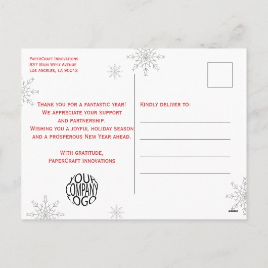 Witte sneeuwvlokken op Red Christmas Corporate Feestdagenkaart (Achterkant)