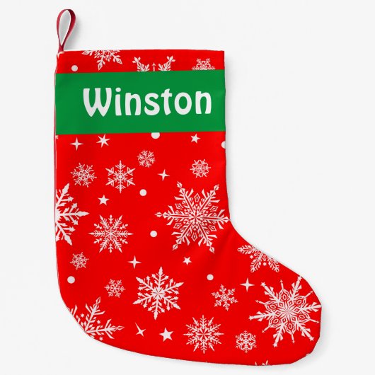 Witte Sneeuwvlokken op Rode Custom Christmas Stock Kleine Kerstsok (Voorkant)