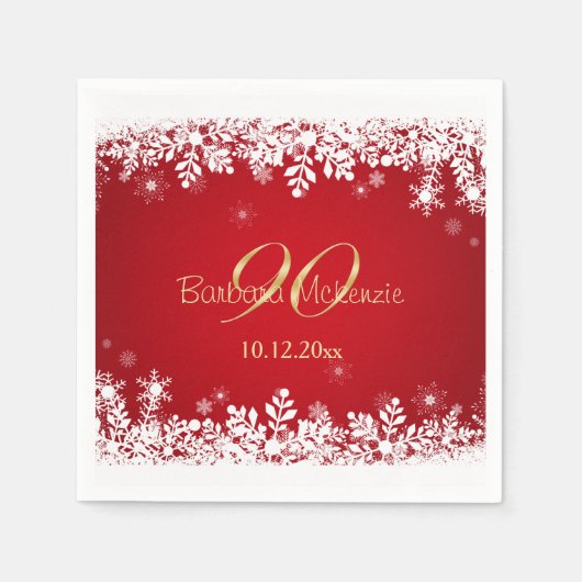 Witte sneeuwvlokken op rood 90ste verjaardagsfeest servet (Voorkant)