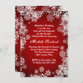 Witte sneeuwvlokken op rood Vrijgezellenfeest Informatiekaartje (Voorkant / Achterkant)