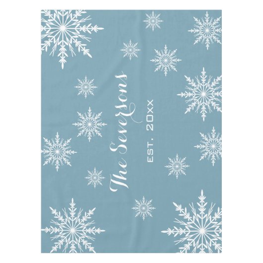 Witte Sneeuwvlokken op Slate Blue Winter Holiday Tafelkleed (Voorkant)