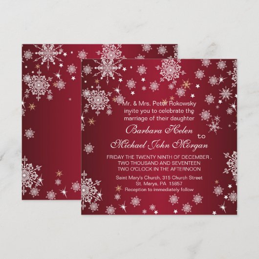 Witte sneeuwvlokken op uitnodiging voor rode bruil (Voorkant / Achterkant)
