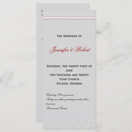 Witte sneeuwvlokken op zilveren bruiloft programma programmakaart (Voorkant / Achterkant)