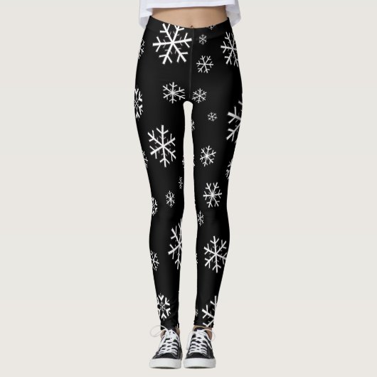 Witte sneeuwvlokken op zwart leggings (Voorkant)