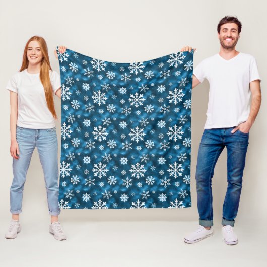 Witte Sneeuwvlokken Patroon Op Blauwe Winter Fleece Deken (In situ)