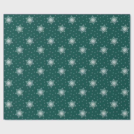 Witte Sneeuwvlokken Polka Dots Groene Kerstmis Cadeaupapier (Vlak)