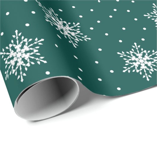 Witte Sneeuwvlokken Polka Dots Groene Kerstmis Cadeaupapier (Rol Hoek)