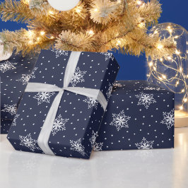 Witte Sneeuwvlokken Polka Stippen Marineblauw Kers Cadeaupapier