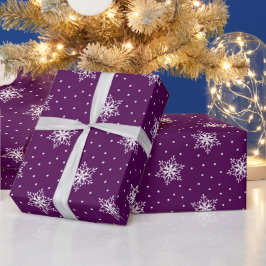 Witte Sneeuwvlokken Polka Stippen Paarse Kerst Cadeaupapier