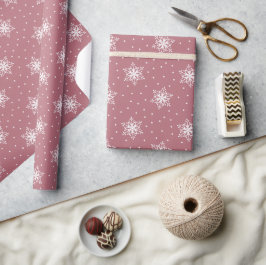 Witte Sneeuwvlokken Polka Stippen Roze Kerstmis Cadeaupapier